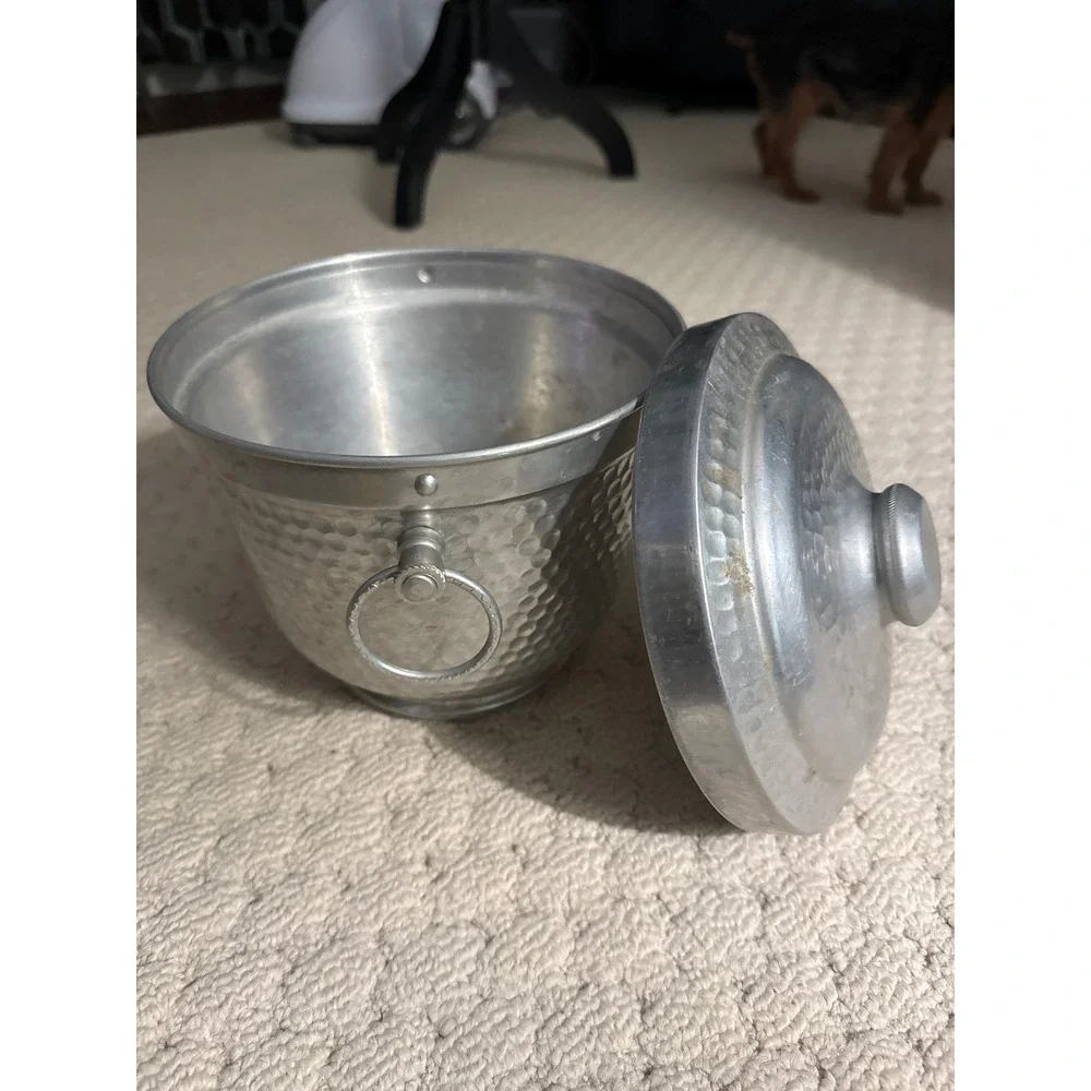 Vintage Hammered Aluminum Ice Bucket with Lid and Ring Handles Silver Barware
